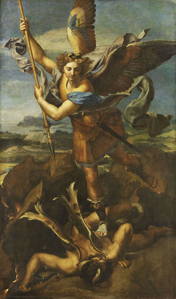 Raphaël, Saint Michel terrassant le démon, dit le Grand Saint Michel. ©RMN (Musée du Louvre) – Thierry Ollivier. Raphaël, Saint Michel terrassant le démon, dit le Grand Saint Michel. ©RMN (Musée du Louvre) – Thierry Ollivier.