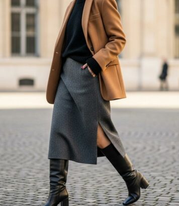 ParisSelect - Jupe midi: repérée sur les podiums, elle signe l’allure la plus chic de l’hiver 2024-2025 avec des bottes