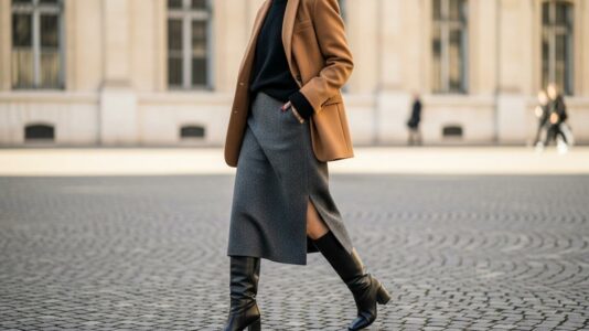 ParisSelect - Jupe midi: repérée sur les podiums, elle signe l’allure la plus chic de l’hiver 2024-2025 avec des bottes