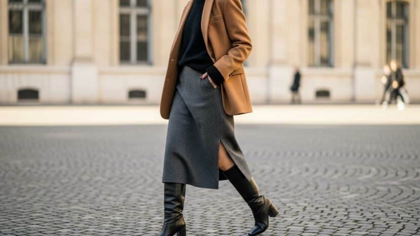 ParisSelect - Jupe midi: repérée sur les podiums, elle signe l’allure la plus chic de l’hiver 2024-2025 avec des bottes