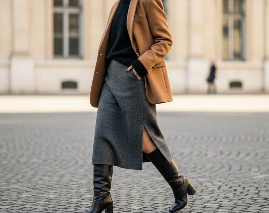 ParisSelect - Jupe midi: repérée sur les podiums, elle signe l’allure la plus chic de l’hiver 2024-2025 avec des bottes