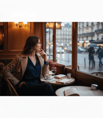 Un café parisien chaleureux en février, refuge idéal pour un moment cocooning pendant qu’il pleut sur la ville.