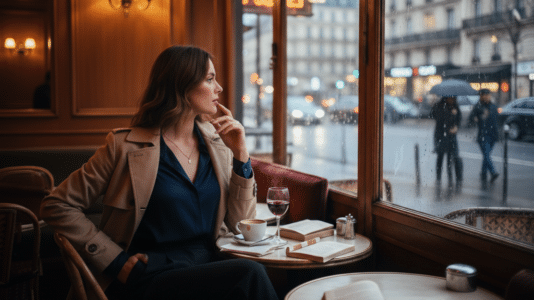 Intérieur d’un café parisien cosy en février, une femme élégante regarde la pluie tomber sur les pavés de Paris à travers une grande baie vitrée.