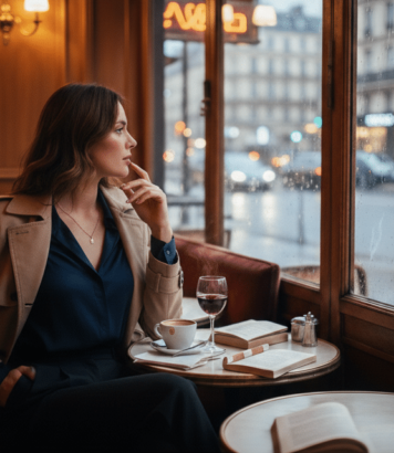 Intérieur d’un café parisien cosy en février, une femme élégante regarde la pluie tomber sur les pavés de Paris à travers une grande baie vitrée.