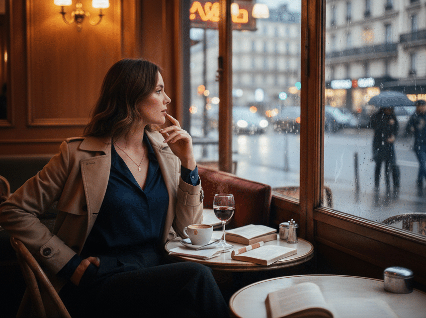 Intérieur d’un café parisien cosy en février, une femme élégante regarde la pluie tomber sur les pavés de Paris à travers une grande baie vitrée.