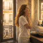 Femme parisienne réalisant sa routine skincare dans une salle de bain haussmannienne avec sérum Medicube et protection solaire Rudolph Care.