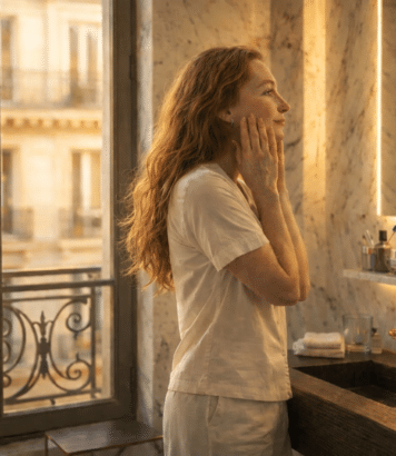 Femme parisienne réalisant sa routine skincare dans une salle de bain haussmannienne avec sérum Medicube et protection solaire Rudolph Care.