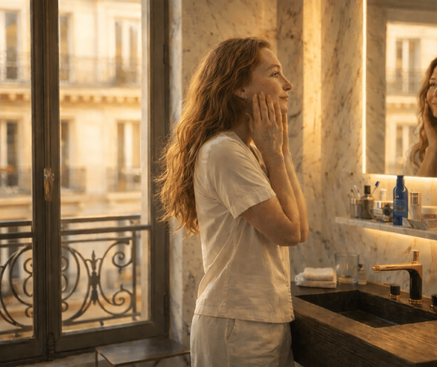 Femme parisienne réalisant sa routine skincare dans une salle de bain haussmannienne avec sérum Medicube et protection solaire Rudolph Care.
