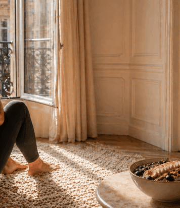 Parisienne élégante dans un appartement lumineux, routine bien-être du matin avec tapis en laine, bol d’açaï et objets lifestyle premium