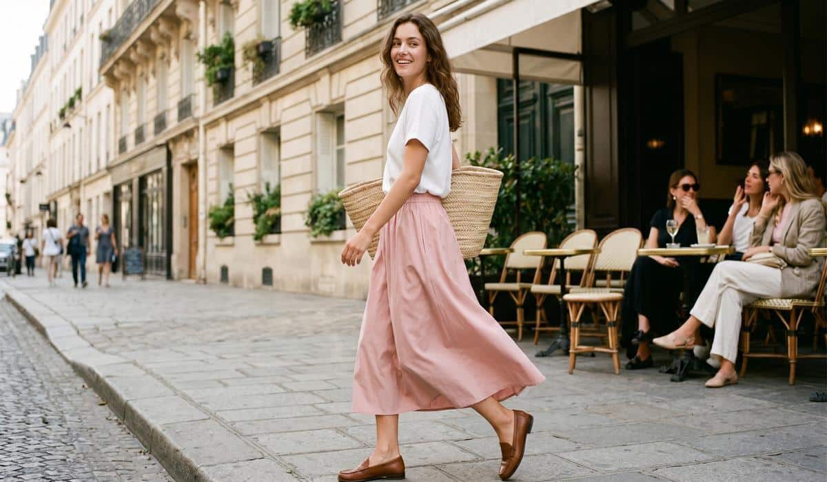 Say goodbye to boho dresses: this powder-pink slip skirt by S'ur Paris is the ultimate effortless piece for the whole summer