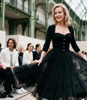 ParisSelectBook - Au défilé Chanel Haute Couture, Arielle Dombasle fait virevolter sa jupe en tulle noire et vole la vedette à Catherine Deneuve