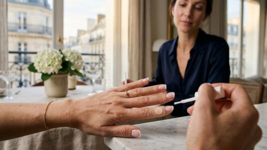 ParisSelectBook - Un simple pansement rond glissé sous l'ongle transforme la French manucure maison en geste de pro en quelques minutes
