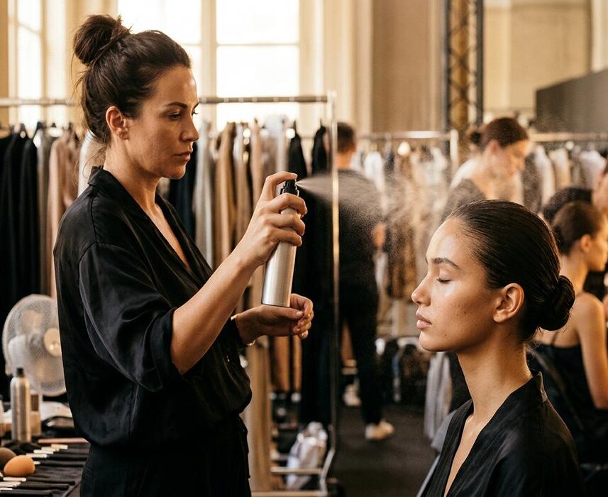 ParisSelectBook - Backstage Armani sous 38 °C : la technique du sandwich au spray fixateur qui verrouille le maquillage toute la journée