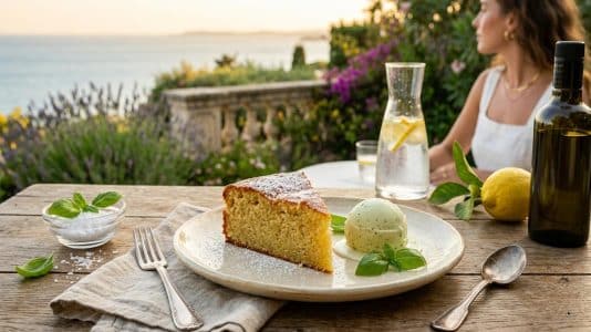 ParisSelectBook - Ce gâteau moelleux à l'huile d'olive et sa glace au basilic est le dessert de l'été le plus chic à faire sans effort