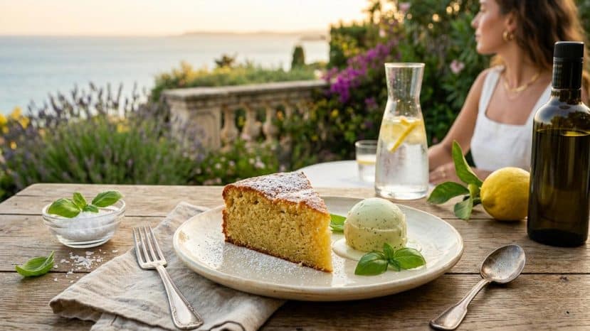 ParisSelectBook - Ce gâteau moelleux à l'huile d'olive et sa glace au basilic est le dessert de l'été le plus chic à faire sans effort