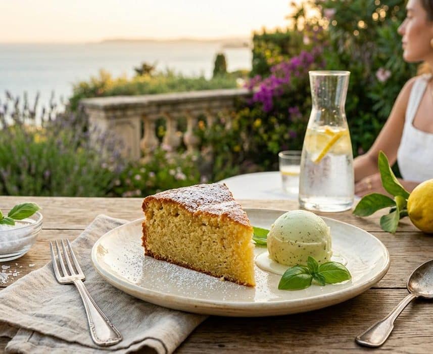 ParisSelectBook - Ce gâteau moelleux à l'huile d'olive et sa glace au basilic est le dessert de l'été le plus chic à faire sans effort