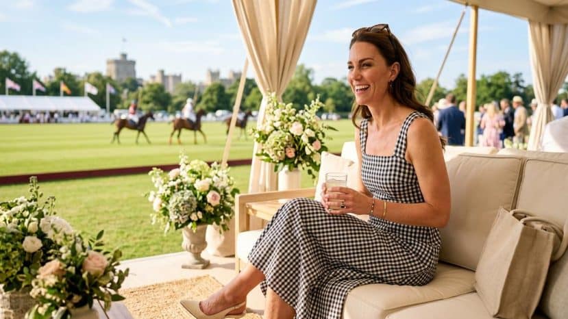 ParisSelectBook - Au polo de Windsor, Kate Middleton troque ses tenues royales pour une robe vichy Temperley qui dévoile ses bras sculptés