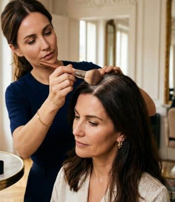 ParisSelectBook - Racines blanches visibles avant un rendez-vous : le geste au pinceau d'une coiffeuse efface les cheveux blancs en une minute