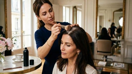 ParisSelectBook - Racines blanches visibles avant un rendez-vous : le geste au pinceau d'une coiffeuse efface les cheveux blancs en une minute