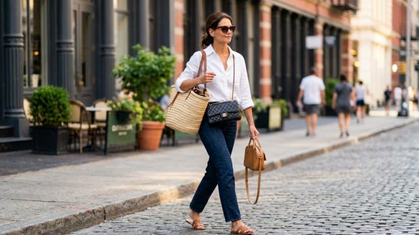 Katie Holmes hits New York with three cult summer bags, her warm-weather formula