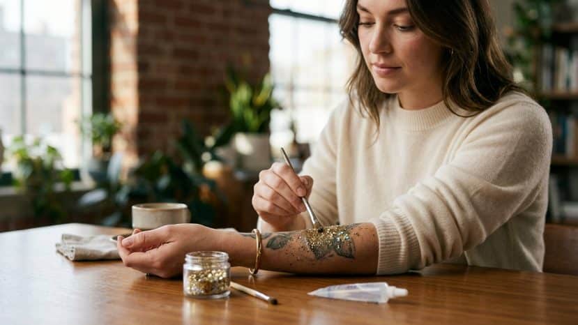 She covers her faded tattoos with glitter and brings them back to life in 5 minutes