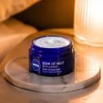 This blue Nivea pot used as an overnight mask plumps skin back up by morning