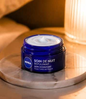 This blue Nivea pot used as an overnight mask plumps skin back up by morning