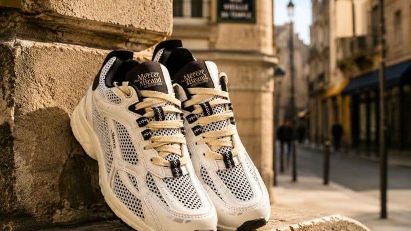 The Mercer Brand pose ses baskets faites main rue Vieille du Temple à Paris