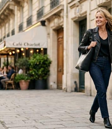Estelle Lefébure prouve que le jean brut et le blouson en cuir restent un duo gagnant