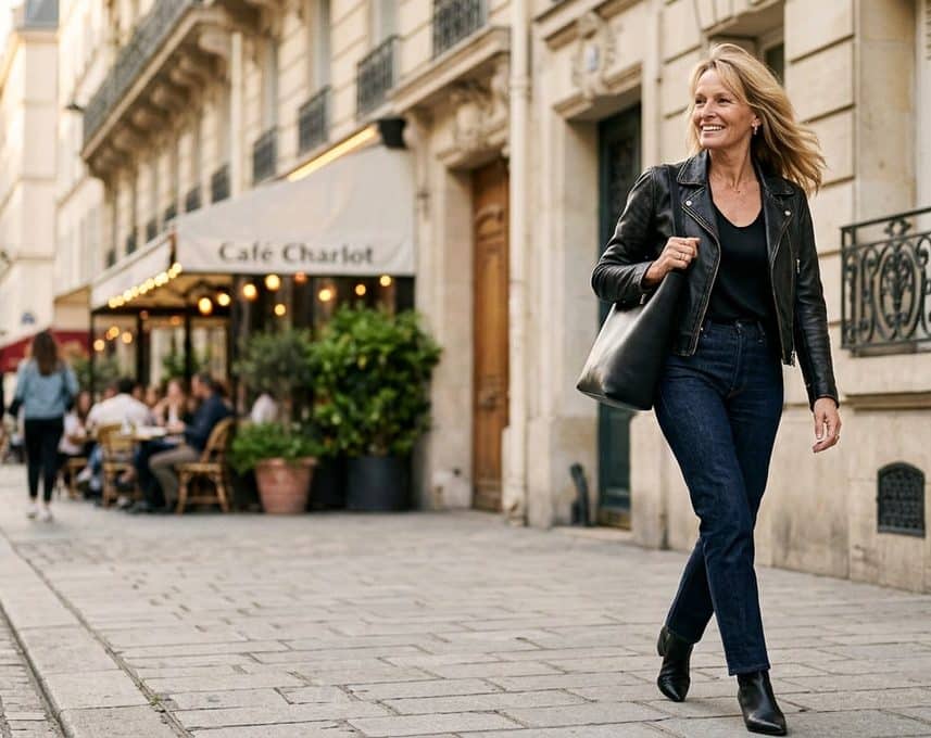 Estelle Lefébure prouve que le jean brut et le blouson en cuir restent un duo gagnant