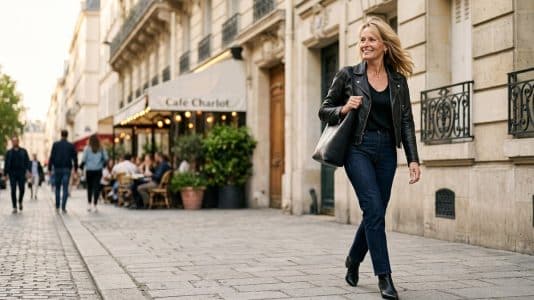 Estelle Lefébure proves that jeans and a leather jacket are still a winning combination