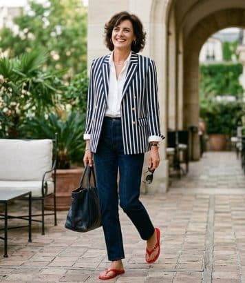 Inès de La Fressange ose les tongs rouges avec sa veste rayée, leçon de chic parisien