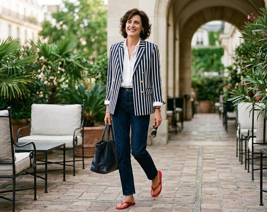 Inès de La Fressange ose les tongs rouges avec sa veste rayée, leçon de chic parisien