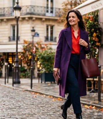 Katie Holmes ose le duo rouge et violet qui s'impose comme le combo mode de l'automne