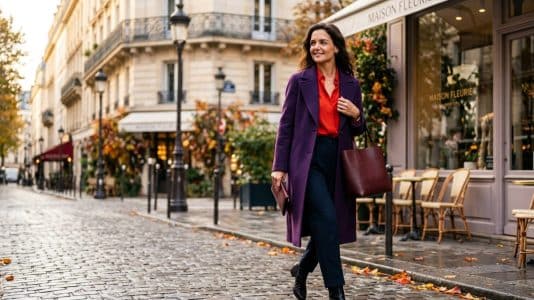 Katie Holmes ose le duo rouge et violet qui s'impose comme le combo mode de l'automne