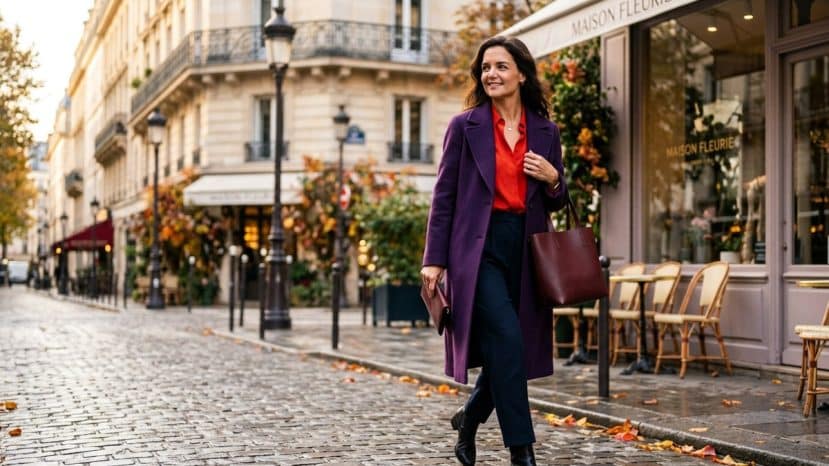Katie Holmes nails the red and purple combo that's shaping up to be autumn's boldest colour pairing