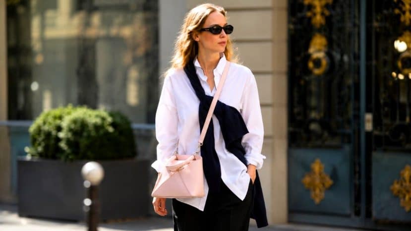 Jennifer Lawrence wears the Dior Cigale bag in pale pink on an ultra-minimalist look