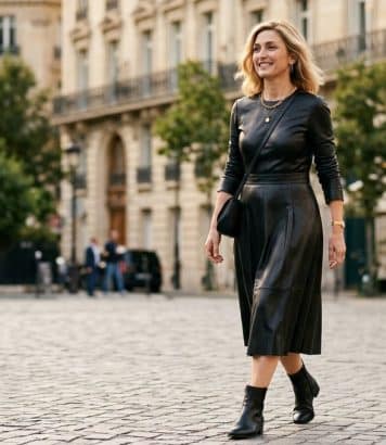 À 54 ans, Julie Gayet rajeunit sa silhouette avec cette robe en cuir mi-longue