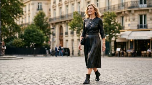À 54 ans, Julie Gayet rajeunit sa silhouette avec cette robe en cuir mi-longue