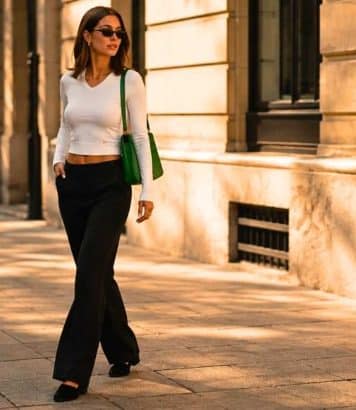 Hailey Bieber relance le pantalon noir droit avec un sac vert Chanel