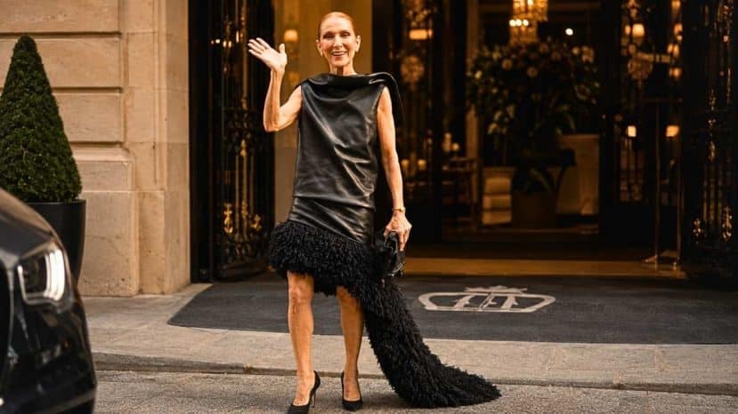 Céline Dion sublime la robe Loewe en cuir à traîne fourrure devant le Royal Monceau