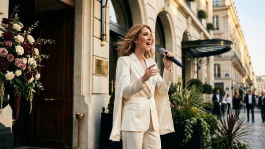 Céline Dion sings 'Pour que tu m'aimes encore' outside her Paris hotel