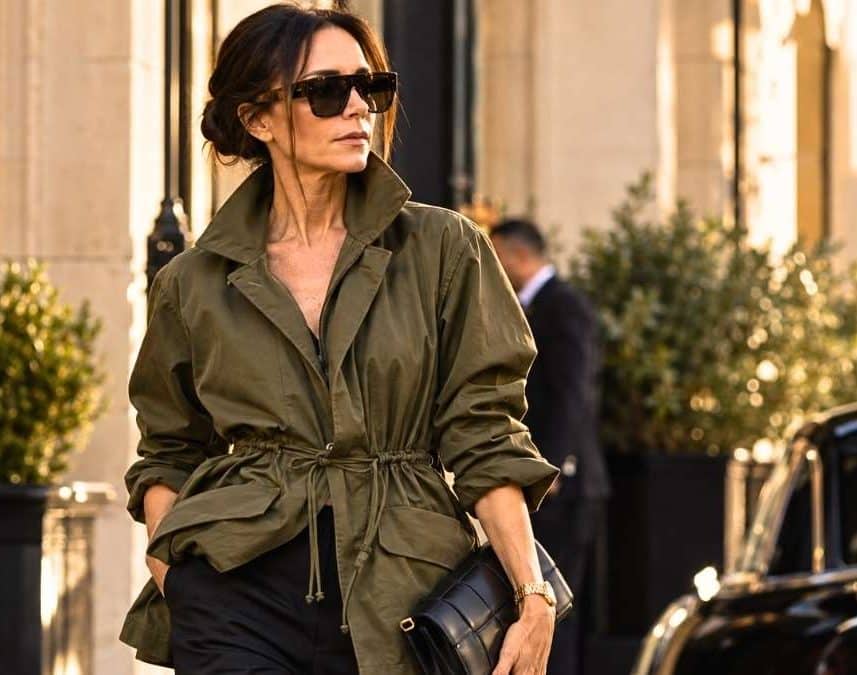 At 52, Victoria Beckham swaps her blazer for this drawstring khaki utility jacket
