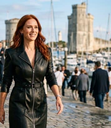 Audrey Fleurot ose la robe-trench en cuir noir zippée au Festival de La Rochelle