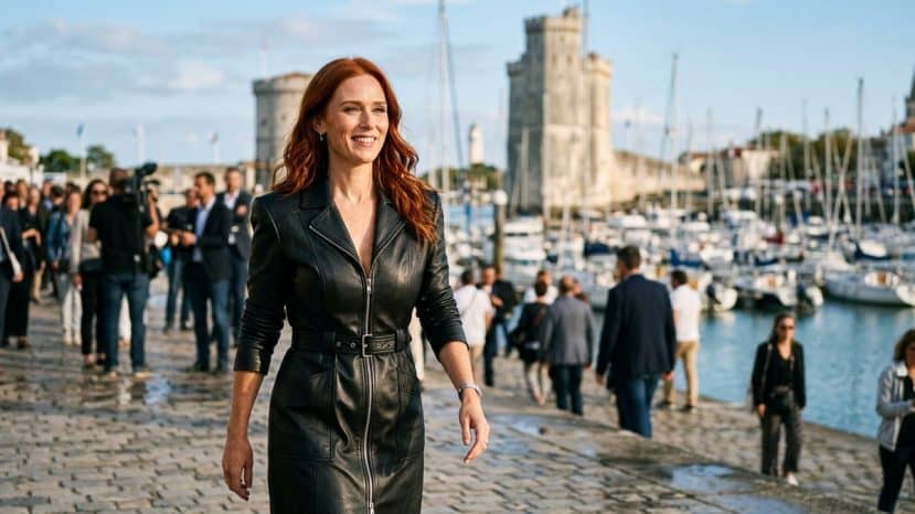 Audrey Fleurot ose la robe-trench en cuir noir zippée au Festival de La Rochelle