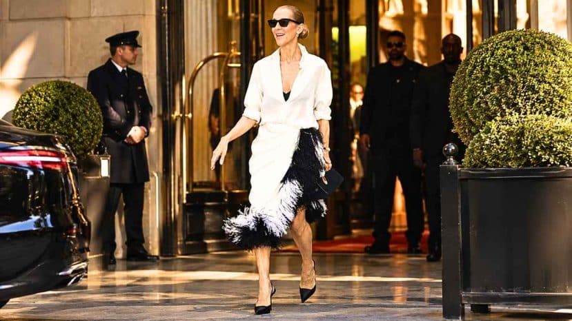 Céline Dion sublime en jupe Dior à plumes noires et blanches devant le Royal Monceau à Paris