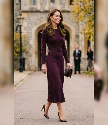 ParisSelectBook - Kate Middleton impose la robe en laine prune Burberry à 1 950 euros comme pièce clé de l'automne