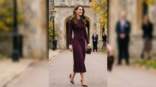 ParisSelectBook - Kate Middleton impose la robe en laine prune Burberry à 1 950 euros comme pièce clé de l'automne