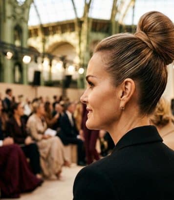 ParisSelectBook - Le chignon haut façon danseuse de Laeticia Hallyday, la coiffure qui rajeunit le visage naturellement
