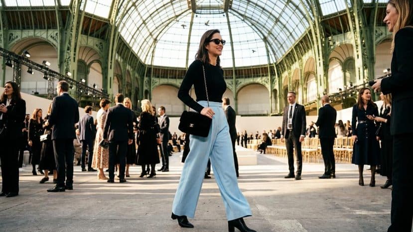 ParisSelectBook - Au défilé Chanel, Marion Cotillard porte le pantalon bleu pastel large qui remplace le jean cet automne